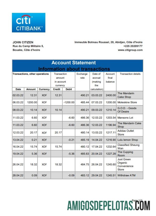 Modelo Xls de extrato bancário do Citibank da Costa do Marfim